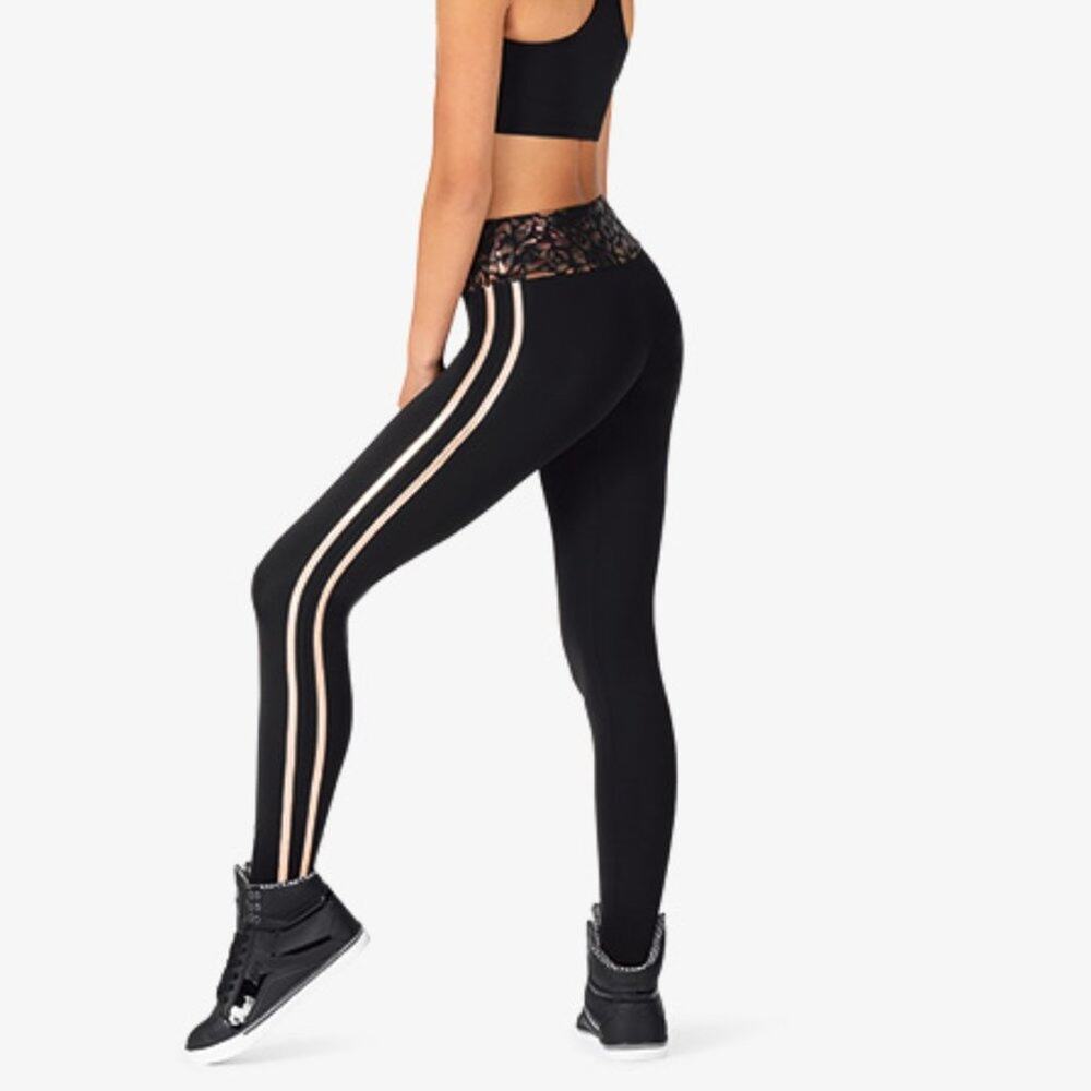 NEW High Waist Animal Print Metallic Racerstripe Black Leggings MEDIUM Dance